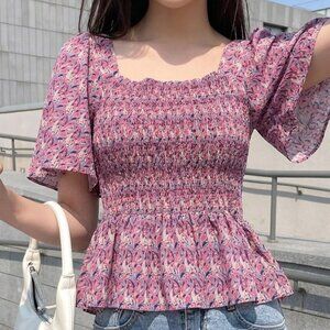 Simply Southern S Pink Smocked Peplum Blouse | Puff Sleeve Cute Summer Top